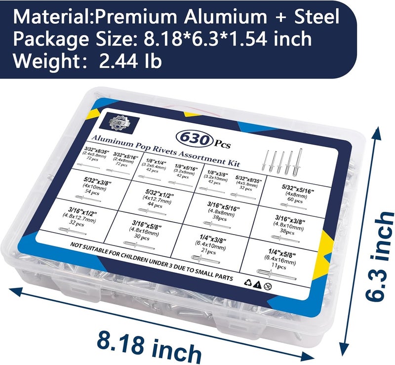 ZQZ 630Pcs Aluminum Pop Rivets Assortment Kit, 15 Sizes Silver Rivets with 3/32" 1/8" 5/32" 3/16" 1/4" Blind Rivets, Assorted Pop Rivets Set - Image 2
